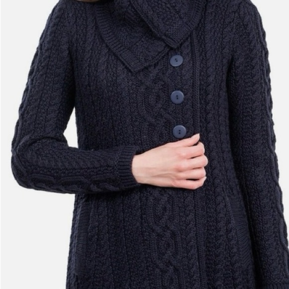 Saol Aran Irish Knit Cardigan Wool Blend Coatigan Fisherman Navy XL - Picture 2 of 11